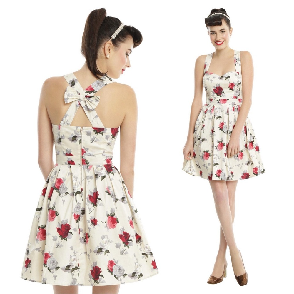 Hell Bunny Eloise Mini Dress Rose Print Cream Bow Adjustable Straps Sz XS‎ Retro